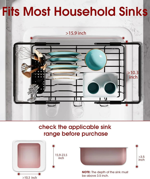 Dish Drying Rack in Sink - Expandable Stainless Steel Dish Rack over the Sink, Kitchen Sink Drain Strainer with Cutlery Holder & Cup Holders, 15.4 X 9.8 X 3.0 Inch, Black3