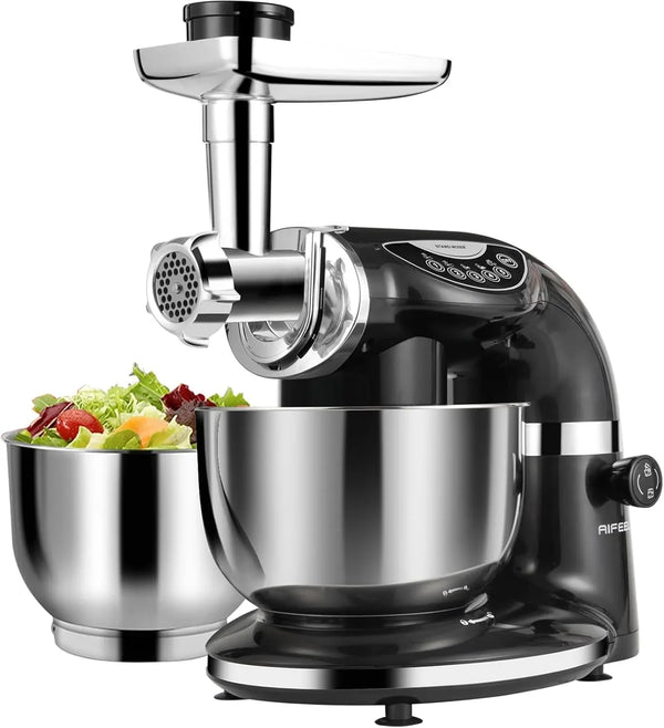 Stand Mixer, 8.5QT+ 6QT Two Stainless Steel Bowls Electric Food Mixer Black | 7 in 1 Multifunctional Kitchen Mixer with Dough Hook, Whisk, Beater, Meat Grinder,Pasta & Cookie Maker1