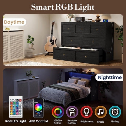 Queen Murphy Bed with Hidden Storage, Farmhouse Cabinet Bed with Storage Drawer, RGB LED Lights & Charging Station, Space-Saving Wall Bed with 6 Metal Legs, Black6