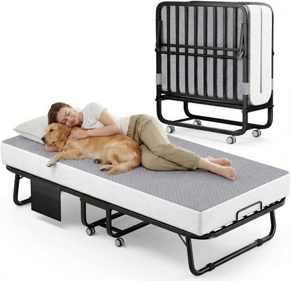 Folding Bed with Memory Foam Mattress, Portable Rollaway Guest Beds on Wheels, 75"X38" Twin Size Space-Saving Cot-Size Bed for Adults with Easy Assembly Metal Frame (Grey)1