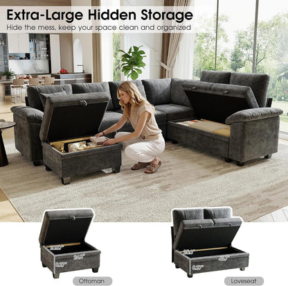 107.8" Modular Sectional Sleeper Sofa with Pull Out Bed, U Shaped 7 Seat Couch with 221L Storage, Convertible Cloud Couch Bed with Ottoman, Sectional Couches for Living Room, Apartment (Gray)4