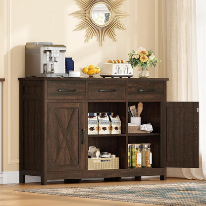 Coffee Bar Cabinet with 3 Drawers, Farmhouse Buffet Cabinet2