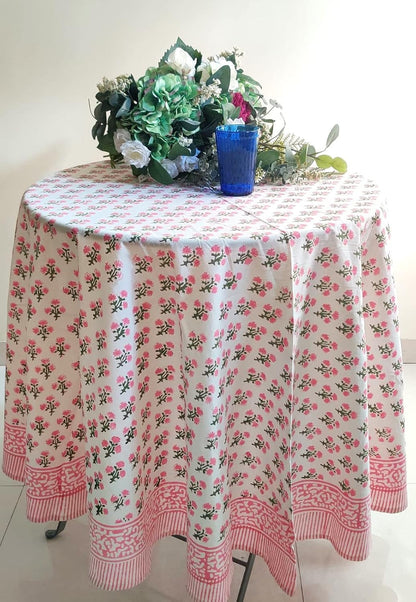 Cotton Blockprint round Tablecloth, Gulbahar Pink, 72 Inches1