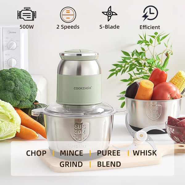 Green Food Processor,500W Electric Meat Grinder with 8 Cup Stainless Steel Bowl and 4 Sharp Blades, Food Chopper & Vegetable Chopper for Home Use,Meat Processor, Vegetables, Fruits and Nuts5