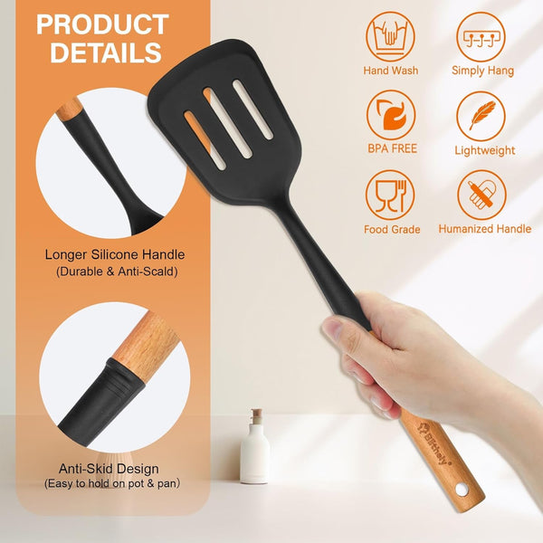 Large Silicone Cooking Utensils Set, 10Pcs Nonstick Kitchen Utensil Set with Wooden Handle, Heat Resistant Silicone Utensils for Cooking, BPA Free Spatula Set with Turners Spoon Ladle Skimmer(Black)4