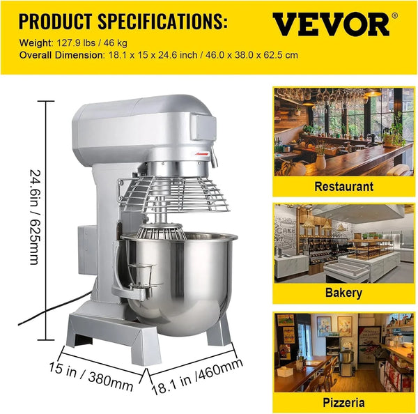 10Qt Commercial Food Mixer with Timing Function， Commercial Mixer 500W Stainless Steel Bowl Heavy Duty Electric Food Mixer Commercial with 3 Speeds Adjustable, Perfect for Bakery Pizzeria7