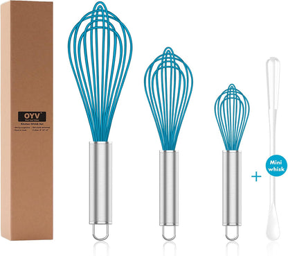 Silicone Whisk,Heat Resistant 480°F Whisks for Cooking Non Scratch,Stainless Steel Wired Wisk,Plastic Rubber Whisk Tool for Nonstick Cookware Pans,Silicon Wisks Set of 4,Blue1