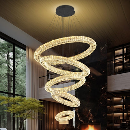 Large LED 5 Ring Chandelier for High Ceiling Modern Long Crystal Chandelier Lighting Ceiling Chandeliers for Staircase Foyer, Black D8''+15.7"+23.6"+31.5"+39.4"6