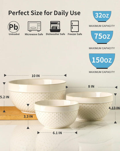 Ceramic Mixing Bowls Set of 3, Large Serving Bowls (10"/8"/6") for Baking, Kitchen Cooking, Serving, Food Prepping, Sourdough Kneading, Salad and Soup Bowl3