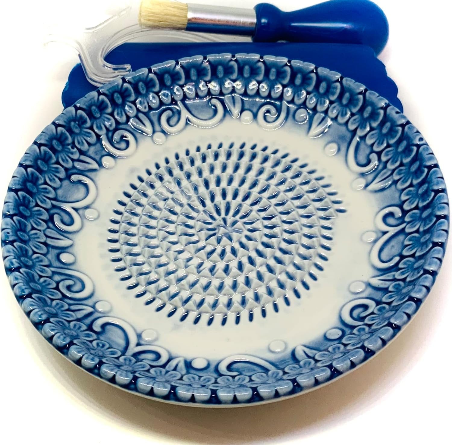 premium-ceramic-garlic-grater-plate-set-blue-embossed-all-in-one-4-piece-set-includes-5-25-plate-peeler-brush-and-stand-for-garlic-ginger-fruits-strawberries-and-more