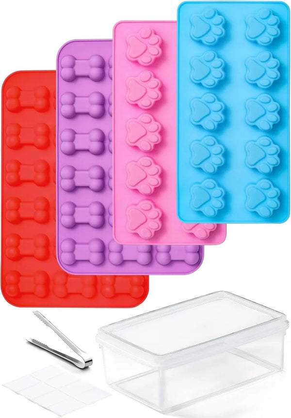 4 Pack Silicone Dog Treat Molds with Container and Ice Tong, Non-Stick Puppy Paw and Bone Shaped Set with Bin, Silicone Mold for Pupsicle, Chocolate, Gummy, Candy, Baking, Jelly, Ice Cube, Pudding1
