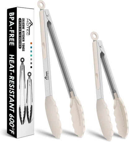 Premium Stainless Steel Locking Kitchen Tongs with Silicon Tips, Set of 2-9" and 12",Khaki1
