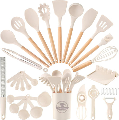 Kitchen Utensils Set, 39 PCS Silicone Cooking Utensils Set with Wooden Handle, 446°F Heat Resistant Food Grade Utensil Sets, BPA Free Kitchen Gadgets Tools Set for Nonstick Cookware (Cream)1