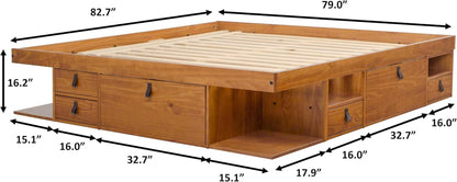 Bali King Size Storage Platform Bed with 6 Drawers, 6 Shelves, 3 Door Cabinets, 2 Pullout Nightstands, Solid Pine Wood Bed Frame with Underbed Storage, No Box Spring Needed, Oak Brown3