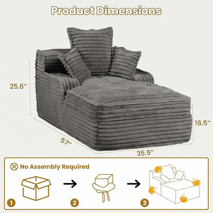 57 Inch Chaise Lounge Chair Indoor, Corduroy Upholstered Boneless Sofa Bed, Deep Seat Sleeper Couch Reading Chairs, Small Comfy Cloud Sofas Couches for Living Room, Bedroom, Grey2