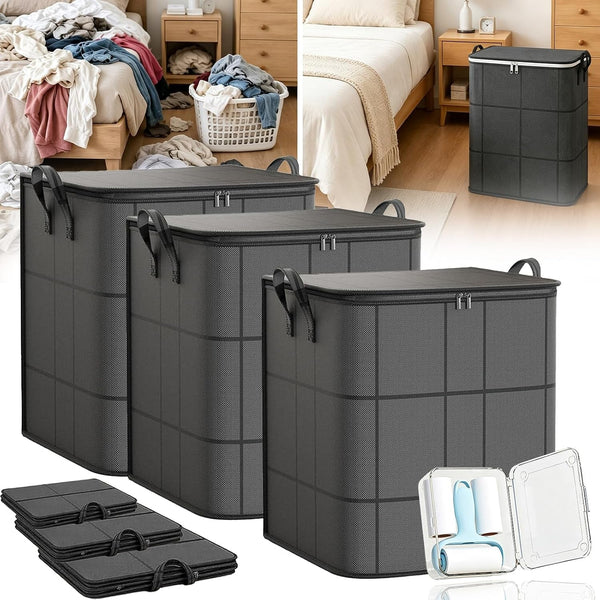 210L XXL Foldable Storage Bag with Reinforced Handles - Upgraded Large Capacity Spacious Moving Storage Bin, Zippered Fabric Giant Storage Bags for Quilts Bedding Sweaters, Moving Day, 3, XXL-210L1