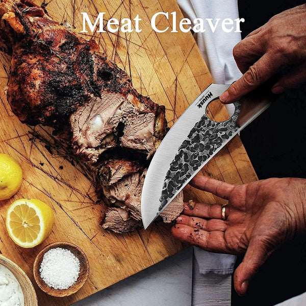 Huusk Viking Japanese Meat Cleaver with Silver Heavy Duty Kitchen Scissors Set3