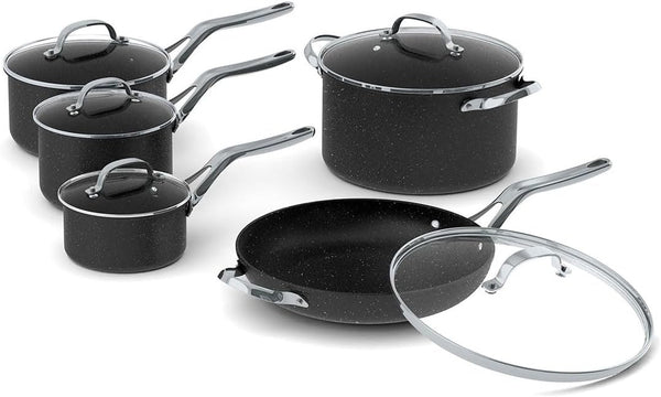 the Rock 10PC Non-Stick Cookware Set, Forged Aluminum, Black | Non-Stick Saucepans & Fry Pan. Rock.Tec Surface. Oven Safe. Even Heating. Everyday Cookware Set.1