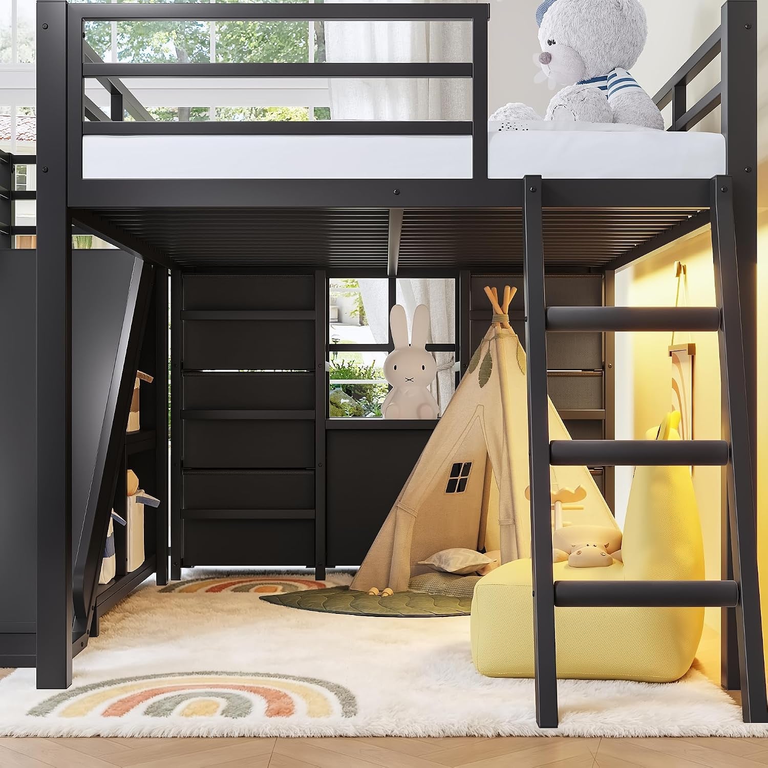 twin-low-loft-bed-with-slide-and-led-storage-drawers-and-hanging-area-2-assembly-methods-black