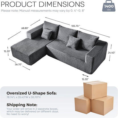 106" Corduroy Boneless Modular Sectional Sofa, Cloud-Louch Deep Seat Sofa with Left Chaise for Living Room & Bedroom（L-Shaped Left Hand Facing ）2