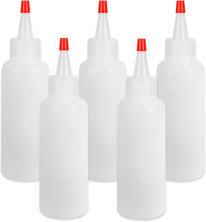 5Pcs Squeeze Bottles, 4 Oz Plastic Condiment Squeeze Bottles with Red Twist Top Cap, Empty Squeeze Bottles for Sauces, Ketchup, Mustard, Syrup, Oil, Dressings, Travel, Lab, and Crafts1