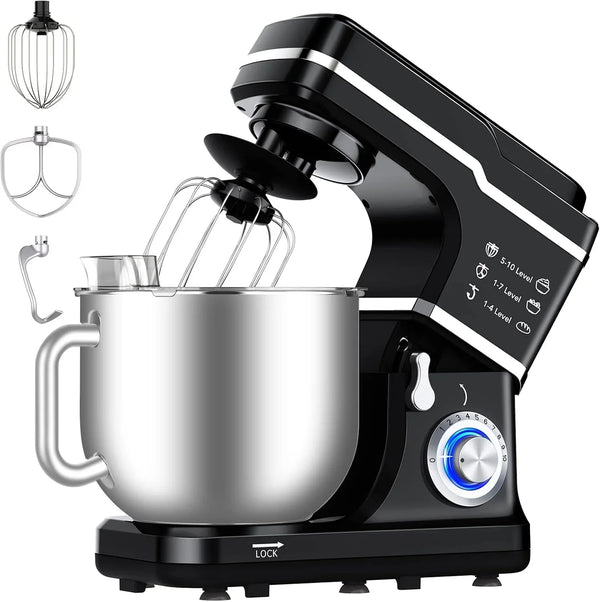 7.5 QT Stand Food Mixer, 10-Speed Tilt Head 3 In-1 Kitchen Electric Mixer with Stainless Steel Bowl, Egg Whisk, Dough Hook, Beater, Splash Guard, Compact Dough Mixer for Home Cooks, Black1