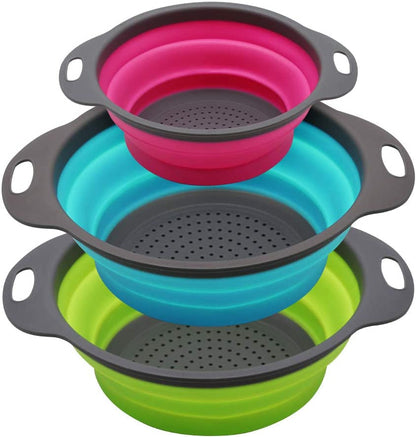 Collapsible Colander Set of 3 round Silicone Kitchen Strainer Set - 2 Pcs 4 Quart and 1 Pcs 2 Quart- Perfect for Draining Pasta, Vegetable and Fruit (Green,Blue, Purple)1