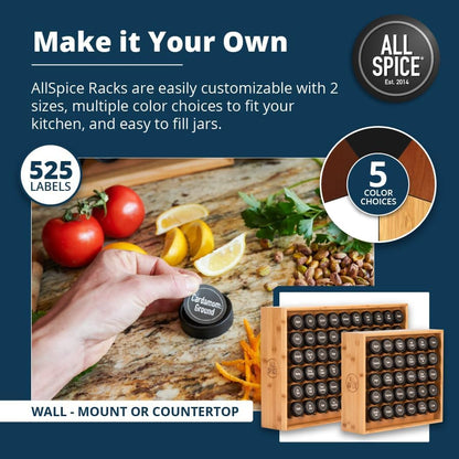 Spice Rack Organizer, Wood, 525 Unique Labels, Countertop or Wall Mount, Includes 60 4Oz Jars- Bamboo4