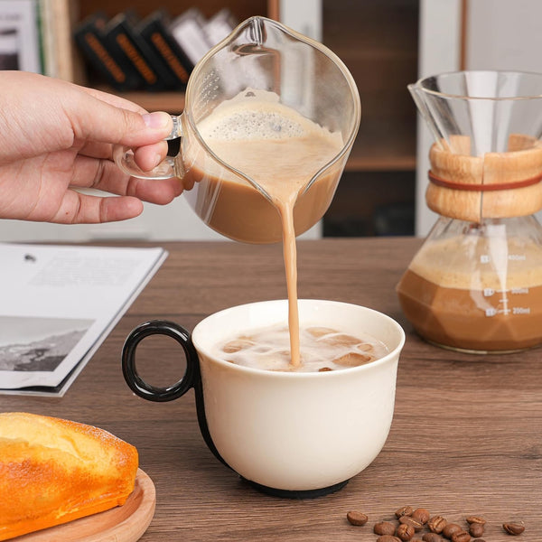 1 Pack 250ML/8.5OZ Measuring Cup Espresso Shot Glasses Double Spouts Large Coffee Cup with Handle Triple Pitcher Milk Cup Parts Clear Glass by6