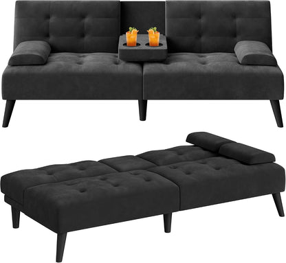 64" Futon Sofa Bed, Loveseat, 2 Cup Holders, Black7