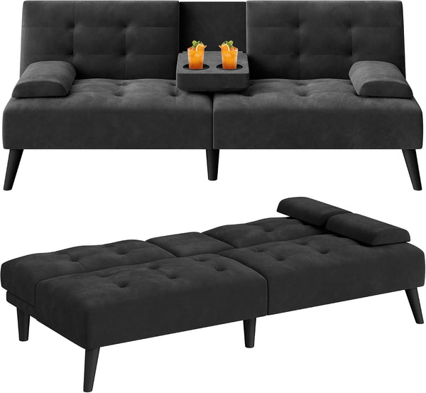 64" Futon Sofa Bed, Loveseat, 2 Cup Holders, Black7