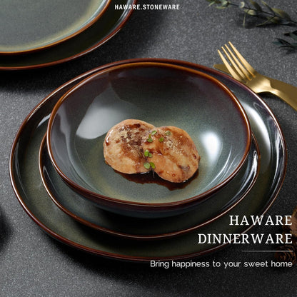 Plates and Bowls Set, Stoneware Dinnerware Sets, Reactive Moss Green6