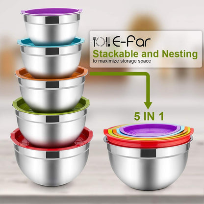 Mixing Bowls with Lids Set of 5, Stainless Steel Mixing Bowls Metal Nesting Bowls with Airtight Lids, Non-Toxic & Dishwasher Safe, Great for Cooking, Baking, Serving - Size 0.7/1/1.5/3/4.6QT7