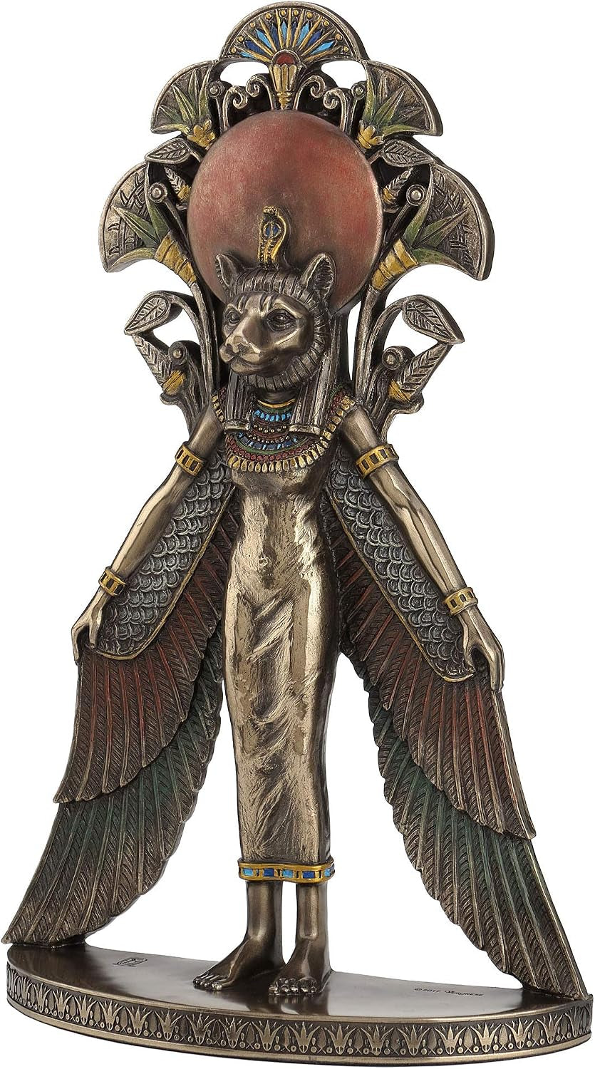 sekhmet-winged-egyptian-warrior-goddess-wall-art-statue-cold-cast-bronze-resin-blue-and-red-accents-lion-head-keyhole-hanger-for-wall-display