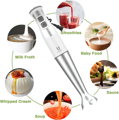 Immersion Hand Blender with Chopper - Puree Baby Food, Sauce & Soup | 8-Speed, Pure Copper Winding Motor, 5.2 Feet Power Cord, 4-Point Ice Crush Blade, 500Ml Chopper, 600Ml Vessel, Whisk, Frother5