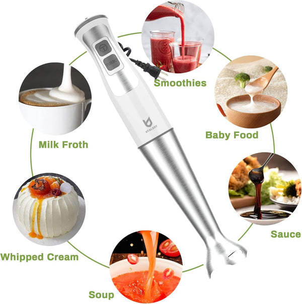 Immersion Hand Blender with Chopper - Puree Baby Food, Sauce & Soup | 8-Speed, Pure Copper Winding Motor, 5.2 Feet Power Cord, 4-Point Ice Crush Blade, 500Ml Chopper, 600Ml Vessel, Whisk, Frother5