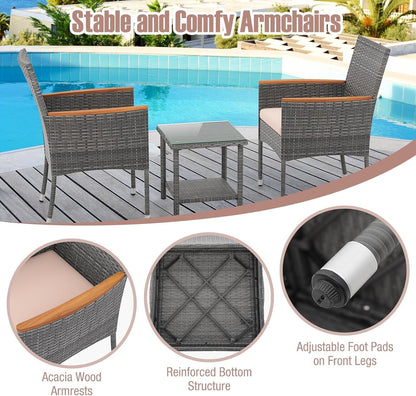 5 Pieces Patio Conversation Set, Outdoor PE Rattan Chairs with Soft Cushions, Ottomans & Tempered Glass Top Table, Acacia Wood Armrests, Patio Furniture Set (Mix Grey+Beige)5