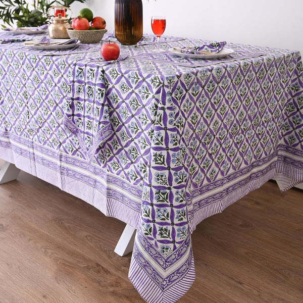 Hand Block Printed Tablecloth, Colorful Floral Print, Indian Artisan Handmade Art, Dining Room, Kitchen, Outdoor Party Decor, 100% Cotton, (Royal Purple Flora, 8 Seater 72 X 108 Inches Rectangle)2