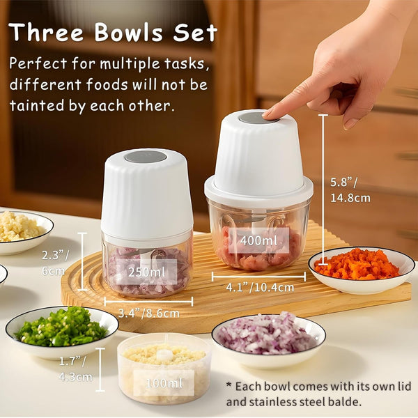 Mini Food Processor Cordless Chopper Set W/Multi 3 Bowl(400Ml+250Ml+100Ml) | 6+3+2 Stainless Steel Blades, Safe PP/PS Jar, Small USB-C Rechargeable Garlic Chopper, Wireless Electric Veggie Meat Blender2