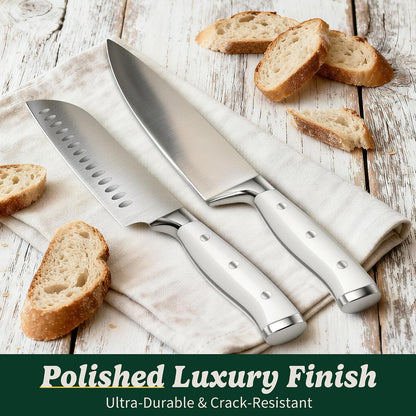 Knife Set, 15 Piece Premium Chef High Carbon Stainless Steel Kitchen Knife Block Set, Razor-Sharp, Ergonomic Forged Triple Rivet Handle, Professional Knife Set for Kitchen, Dishwasher Safe(White)7