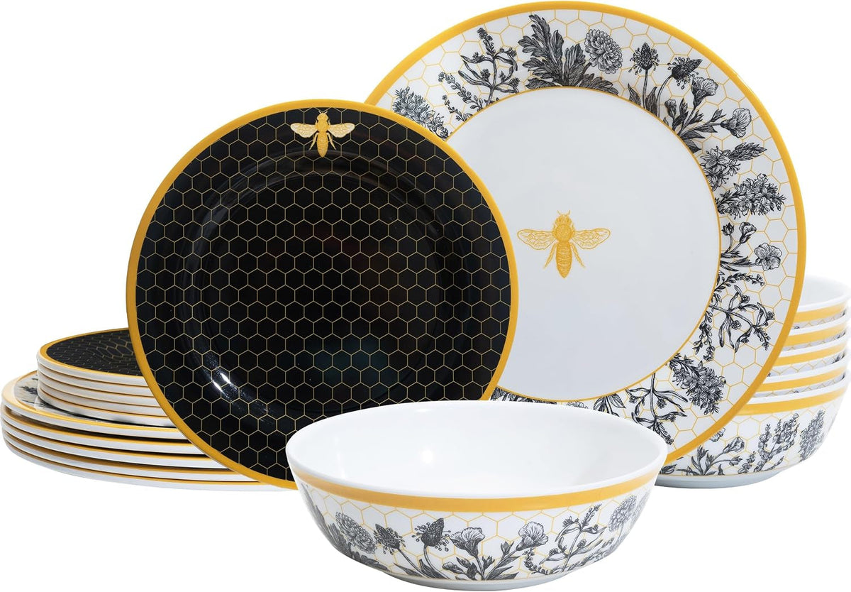 floral-bee-melamine-dinnerware-set-18piece-unbreakable-plates-and-bowls-set
