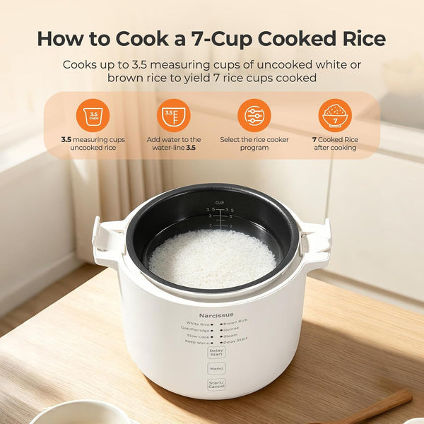 Rice Cooker with Removable Pfas-Free Nonstick Pot, 3.5-Cup Capacity for 1-3 People, Multifunctional for Rice, Oatmeal, Quinoa, Slow Cook, Steam, Can Steam & Cook Simultaneously, Rice White5