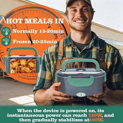 Electric Heated Lunch Box, 100W Fast Heating, 1.5L Food-Grade 304 Stainless Steel, 12V/24V/110V Portable Food Warmer for Car Truck Office Adults, Lonchera Electrica Portatil (Green)2