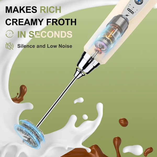 Beige Handheld Milk Frother Wand with Stand for Coffee, Rechargeable Electric Whisk with 3 Heads 3 Speeds Drink Mixer Coffee Frother for Latte, Cappuccino, Hot Chocolate, Egg6
