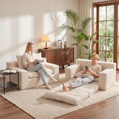 Boneless Couch, 4-In-1 Convertible Sofa Bed, Boneless Loveseat Sleeper, Pull Out Couch with Removable Top Cushion, Pull Handle & Side Pocket, Corduroy Futon for Bedroom, Living Room & Small Spaces2