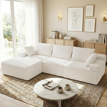 108" Corduroy L-Shaped Sectional Couch, Cloud Sofa, Beige7