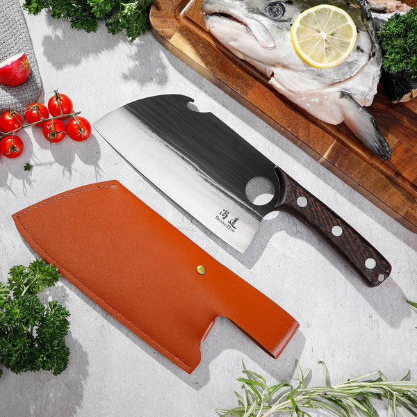 7" Deba Knife, Hand Forged Cleaver Butcher Knife for Meat Cutting, Japanese Kitchen Viking Knife with Sheath, Cooking Knife for Kitchen and Outdoor Camping, Thanksgiving Christmas Gifts7