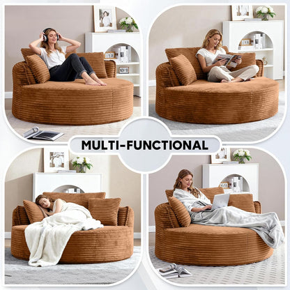Oversized round Chair Lounge Chaise Indoor, 53.5" Upholstered Corduroy Deep Seat Single Cloud Sofa Chair, Fluffy Modern Large Circle Boneless Sleeper Sofa for Living Room, Bedroom, Orange5