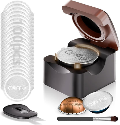 Reusable Vertuo Pods Refill Kit for Nespresso, NO PODS | 100Pcs Aluminum Foil Seals Lids, Press-To-Seal Design, Fits Vertuoline Next plus Machine1