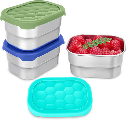 ® 3 Pack Stainless Steel Snack Containers for Kids, 8 Oz Easy Open Leak Proof Small Toddler Snack Containers with Silicone Lids, Stackable Metal Lunch Box for Daycare and School (Blue)1